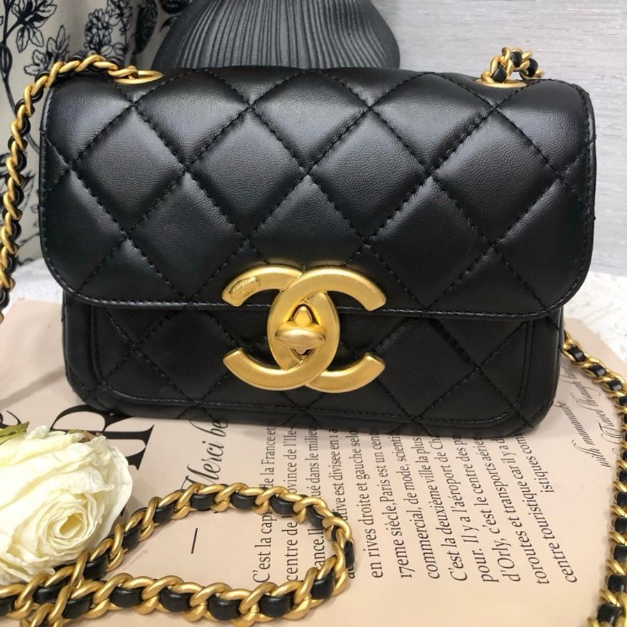 Chanel 香奈兒24B 黑金雙C大金扣 迷你口蓋包單肩包斜挎包 芯片款-0