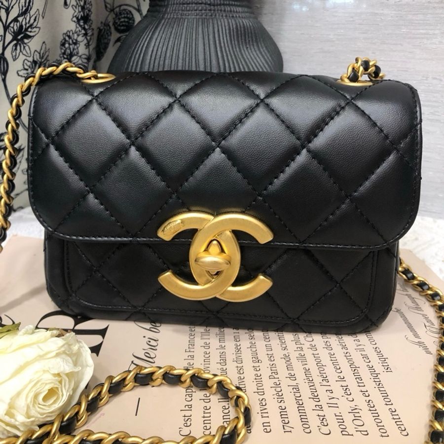 Chanel 香奈兒24B 黑金雙C大金扣 迷你口蓋包單肩包斜挎包 芯片款-1