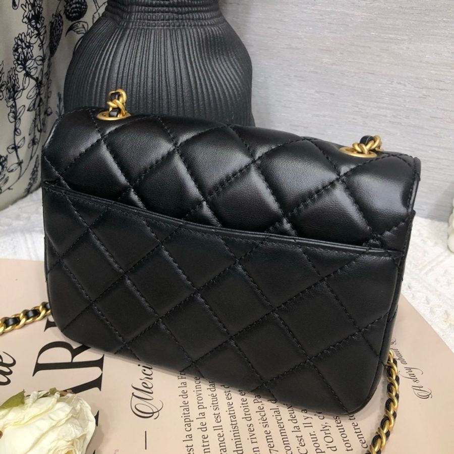 Chanel 香奈兒24B 黑金雙C大金扣 迷你口蓋包單肩包斜挎包 芯片款-2