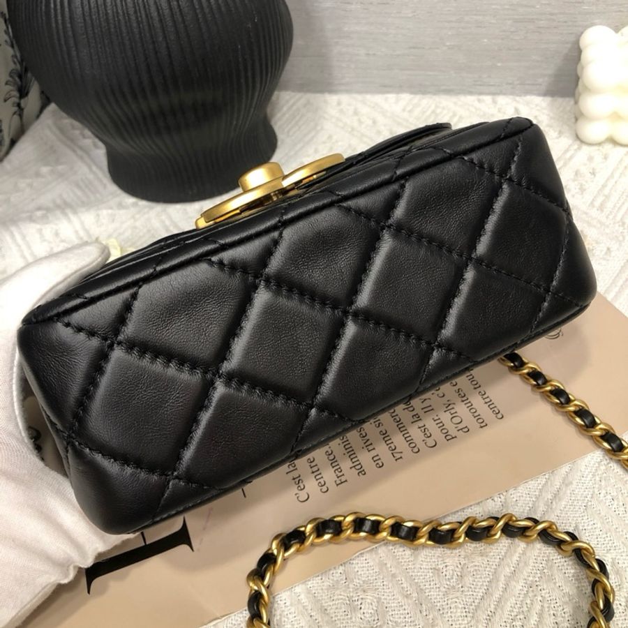 Chanel 香奈兒24B 黑金雙C大金扣 迷你口蓋包單肩包斜挎包 芯片款-5