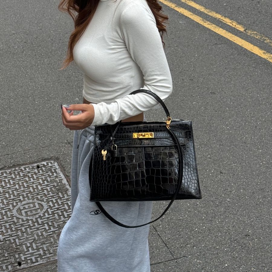 (真鱷魚皮🐊) Hermes Kelly 32 黑金 方塊鱷魚皮 全配🎁-2