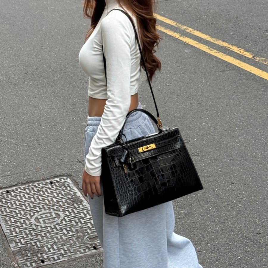 (真鱷魚皮🐊) Hermes Kelly 32 黑金 方塊鱷魚皮 全配🎁-5