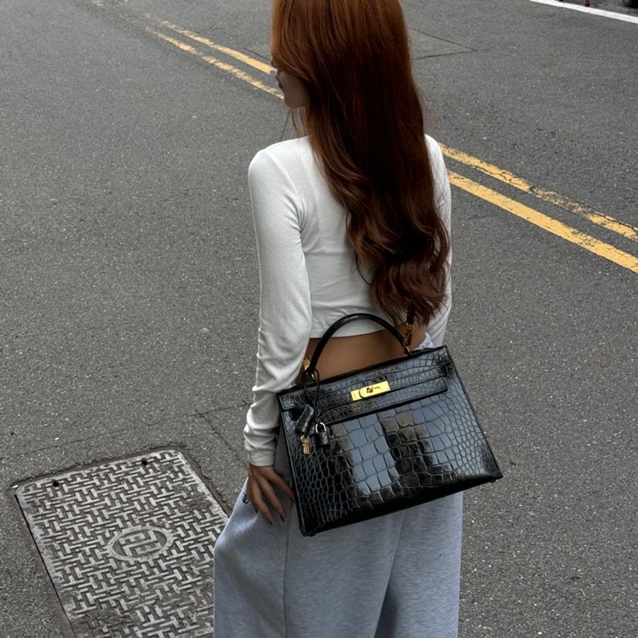 (真鱷魚皮🐊) Hermes Kelly 32 黑金 方塊鱷魚皮 全配🎁-9