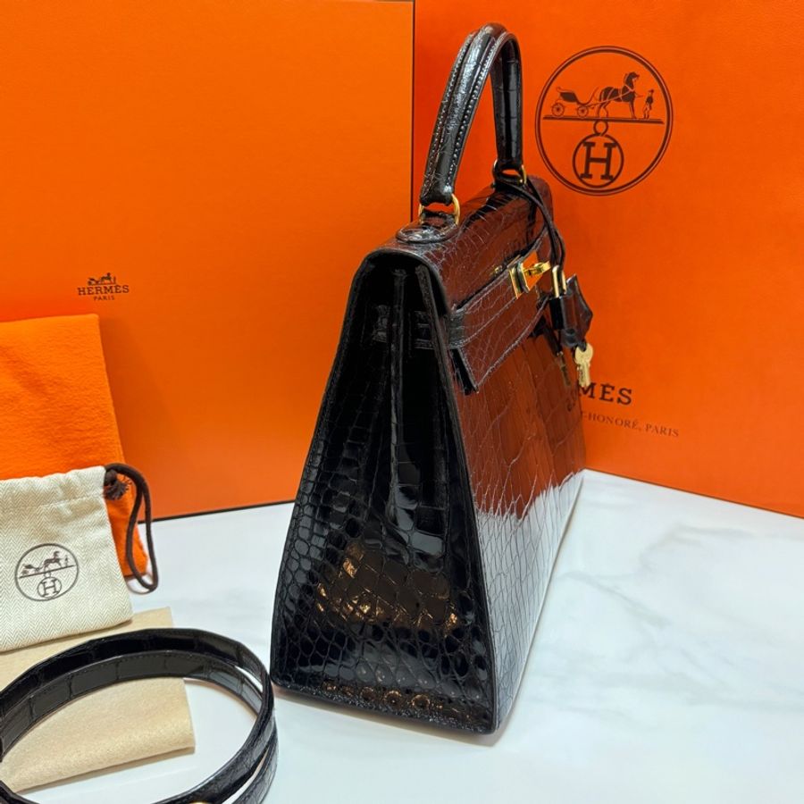 (真鱷魚皮🐊) Hermes Kelly 32 黑金 方塊鱷魚皮 全配🎁-15