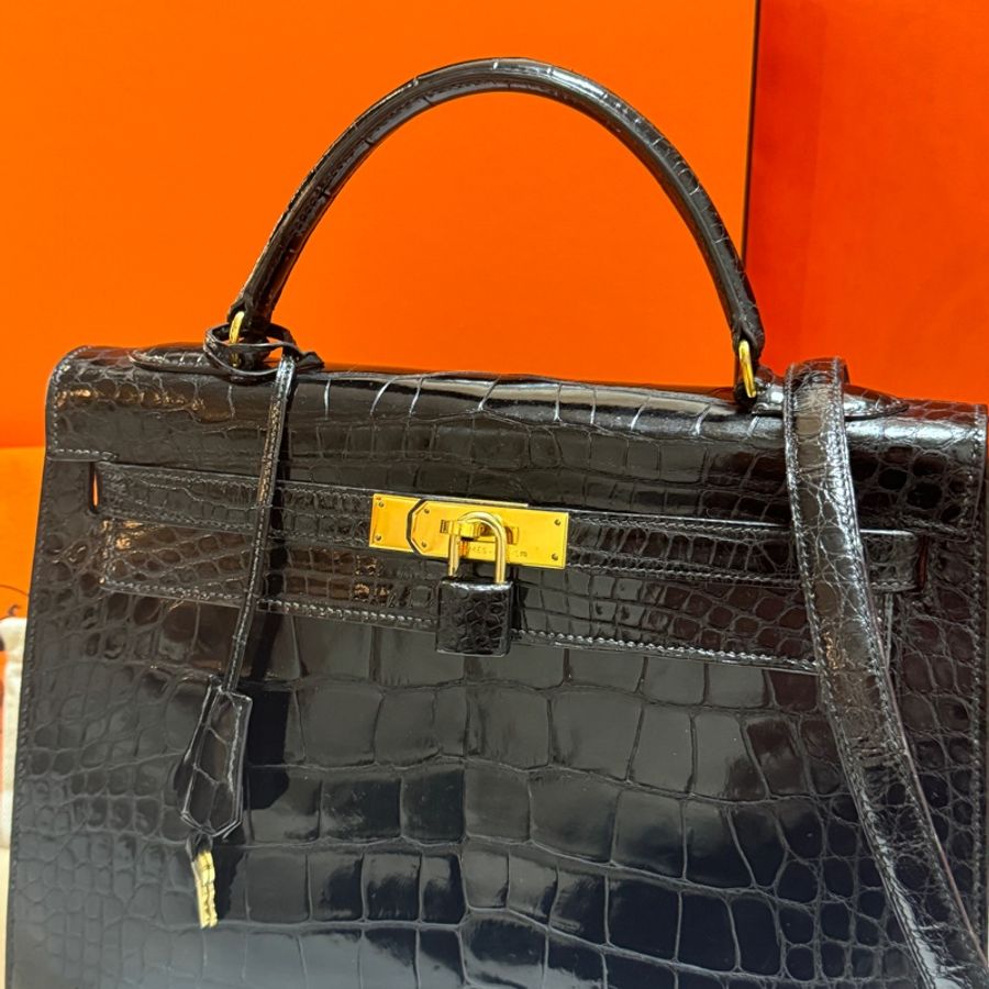 (真鱷魚皮🐊) Hermes Kelly 32 黑金 方塊鱷魚皮 全配🎁-23