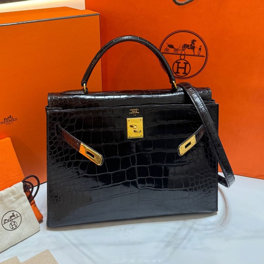 (真鱷魚皮🐊) Hermes Kelly 32 黑金 方塊鱷魚皮 全配🎁-31