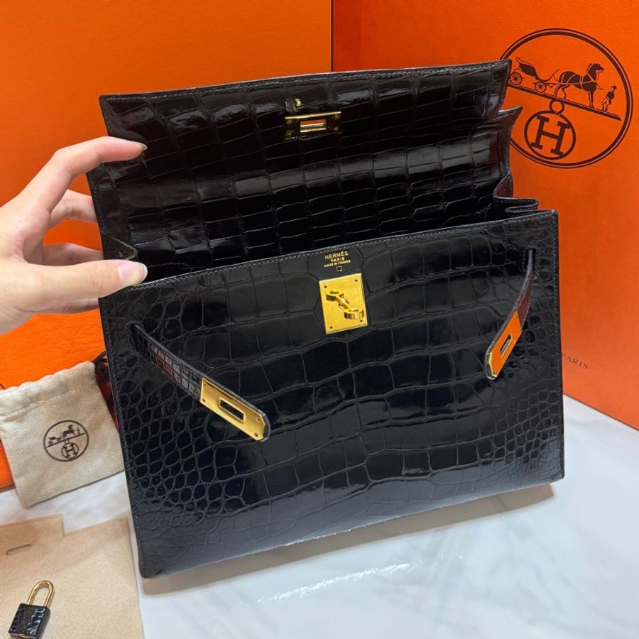 (真鱷魚皮🐊) Hermes Kelly 32 黑金 方塊鱷魚皮 全配🎁-33