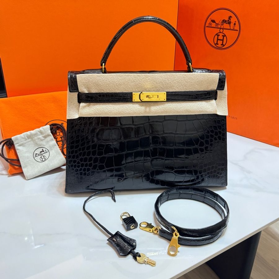 (真鱷魚皮🐊) Hermes Kelly 32 黑金 方塊鱷魚皮 全配🎁-37