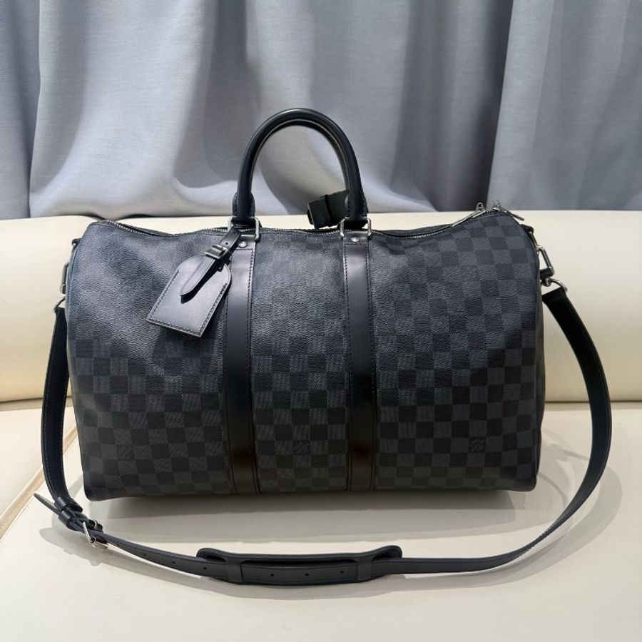 Louis Vuitton keepall45經典黑色棋盤格手提斜挎旅行袋-0