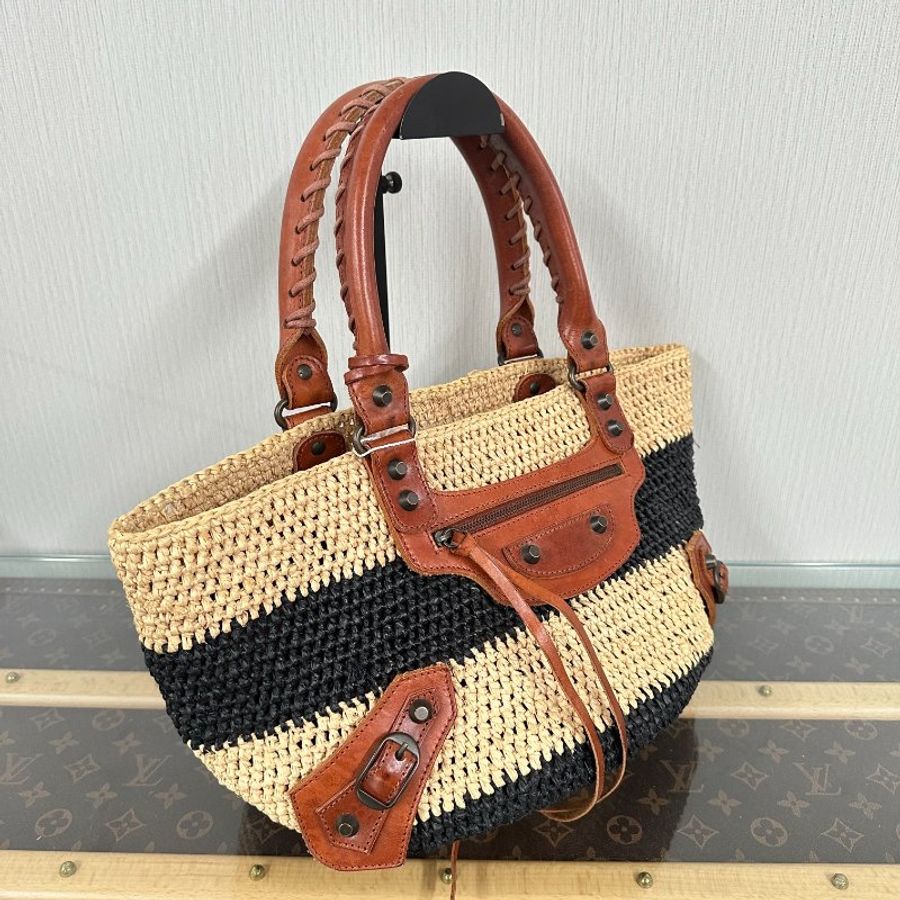 BALENCIAGA 草編條紋 竹籃沙灘手提包 30*19*24 98新配件鏡子 塵袋-2
