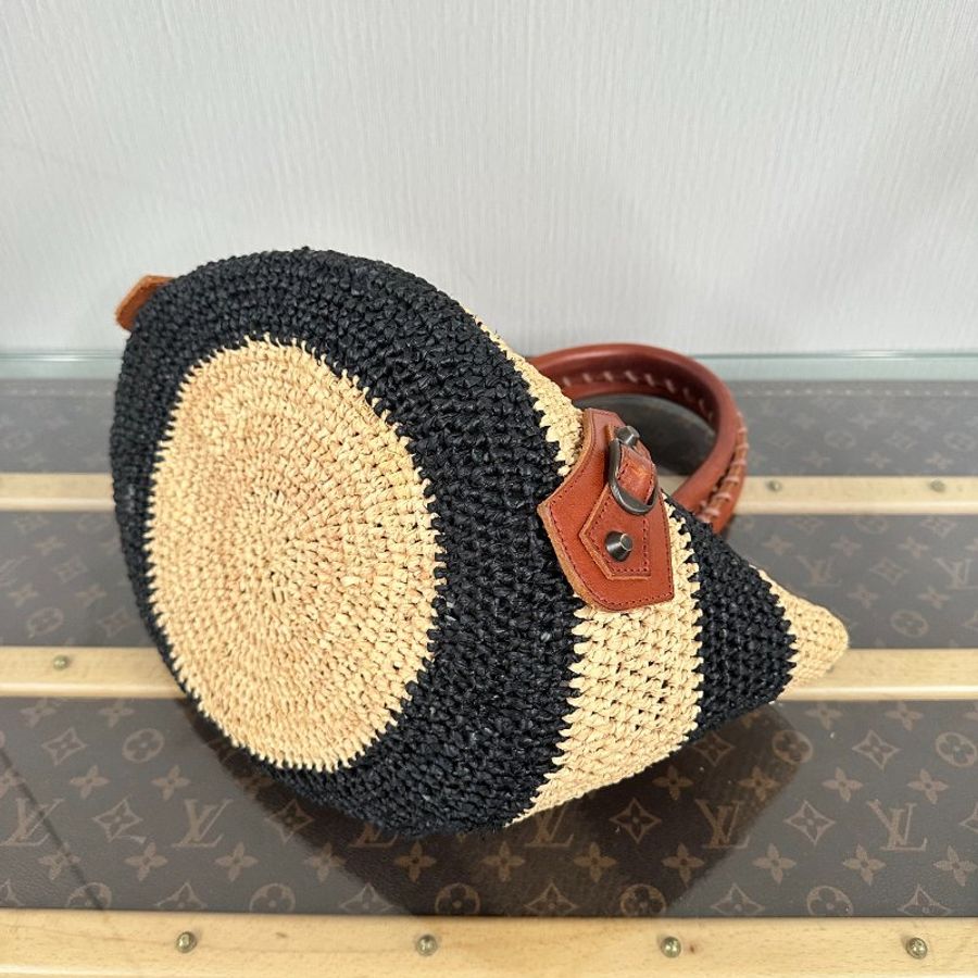 BALENCIAGA 草編條紋 竹籃沙灘手提包 30*19*24 98新配件鏡子 塵袋-3