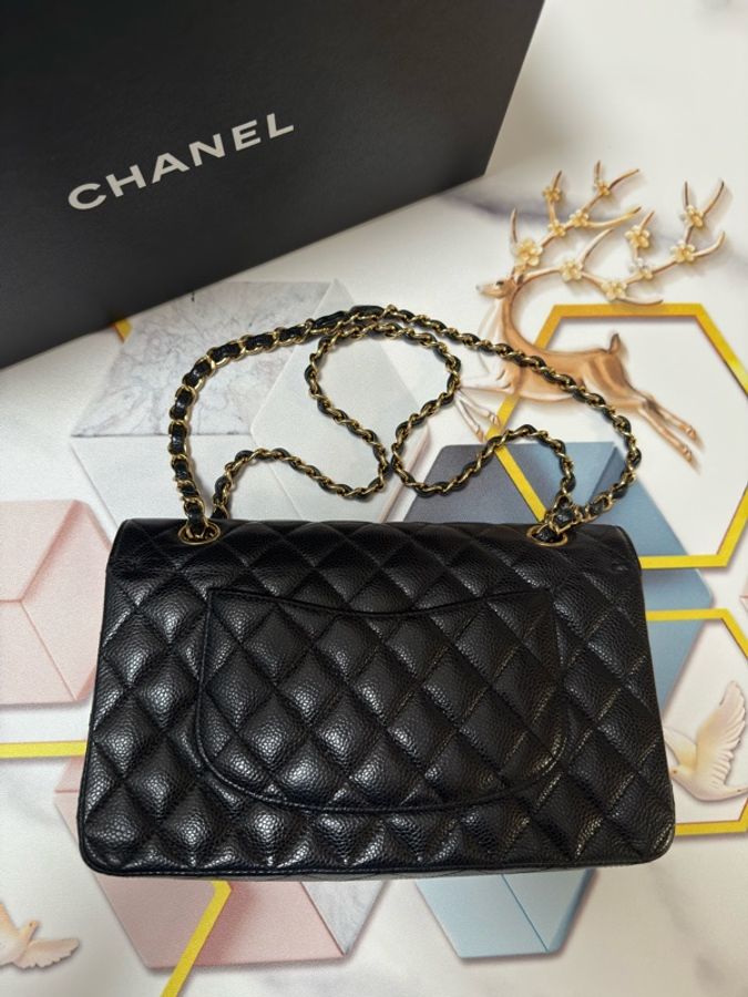 CHANEL 香奈兒,中號cf荔枝紋牛皮金扣黑色 29開-1