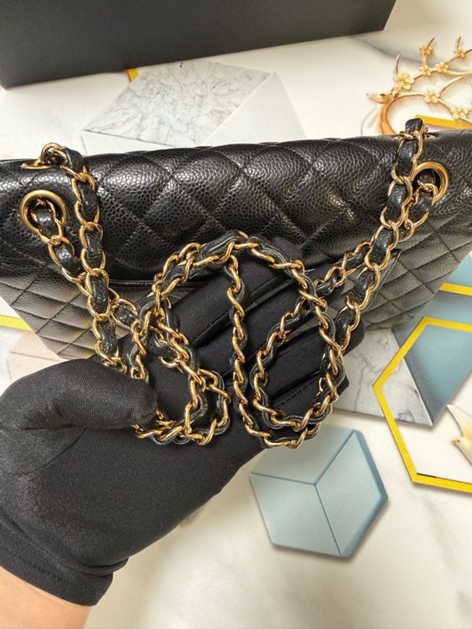 CHANEL 香奈兒,中號cf荔枝紋牛皮金扣黑色 29開-8