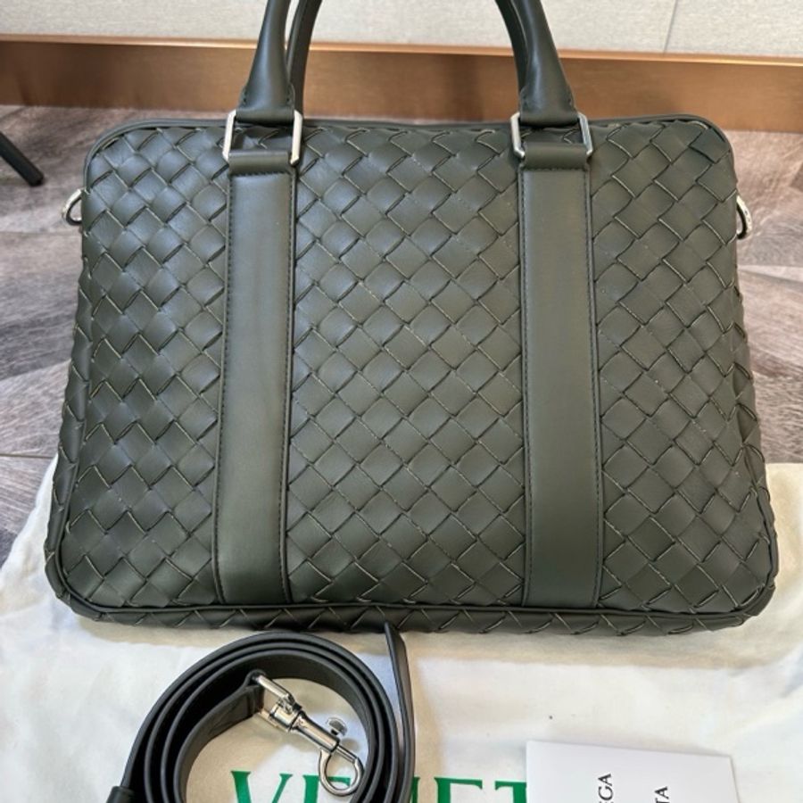 全新 BV 葆蝶家 新款大格純手工編織 公文包 男款 橄榄绿色 超值手提單肩斜挎包-9