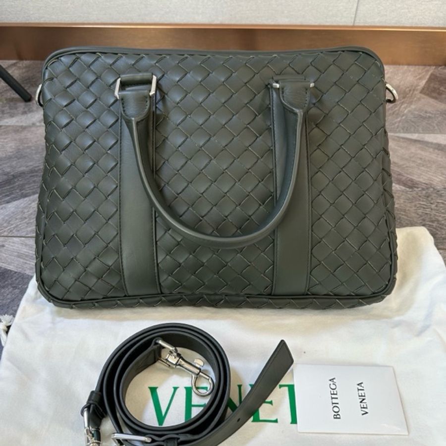 全新 BV 葆蝶家 新款大格純手工編織 公文包 男款 橄榄绿色 超值手提單肩斜挎包-10