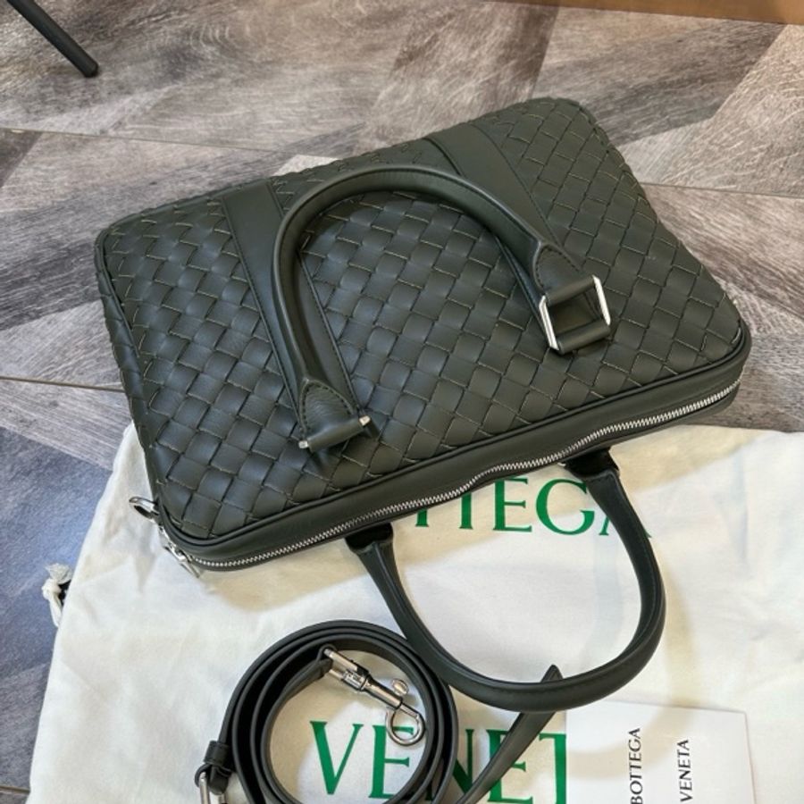 全新 BV 葆蝶家 新款大格純手工編織 公文包 男款 橄榄绿色 超值手提單肩斜挎包-11