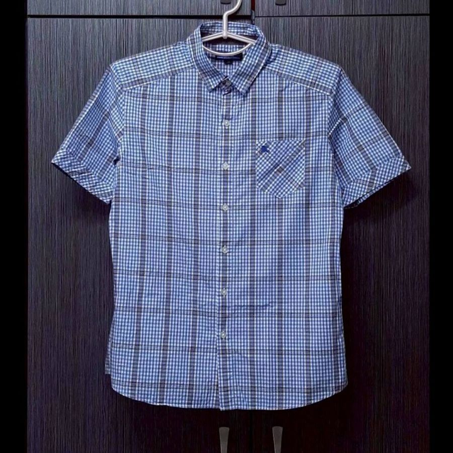 (日本製MIJ)絕版BURBERRY 博柏利 BLUE LABEL 藍標 戰馬 男格紋短袖襯衫M-0