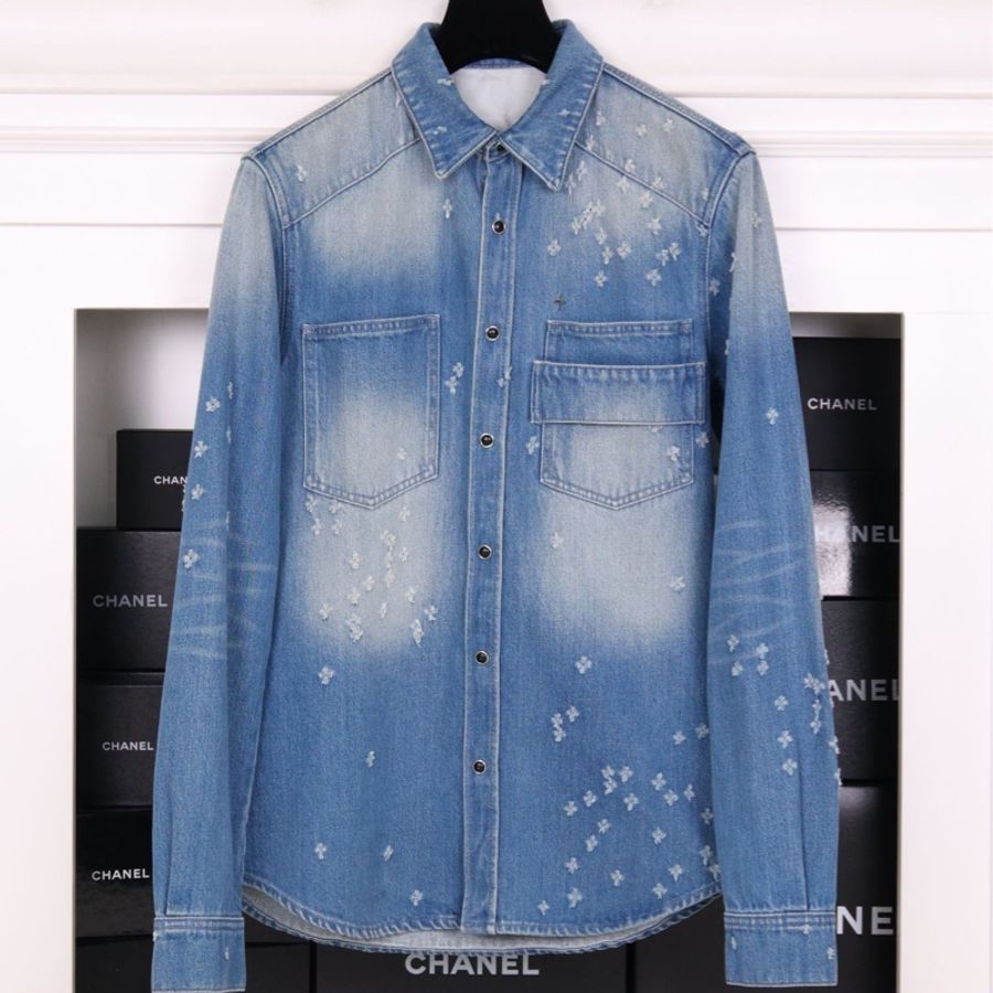 Givenchy 蓝色丹宁做旧破损十字架两口袋衬衫夹克上衣外套-0