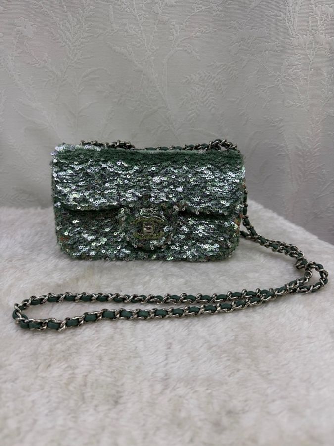 Chanel Green Sequins and Satin Mini Square Classic Flap Bag-0