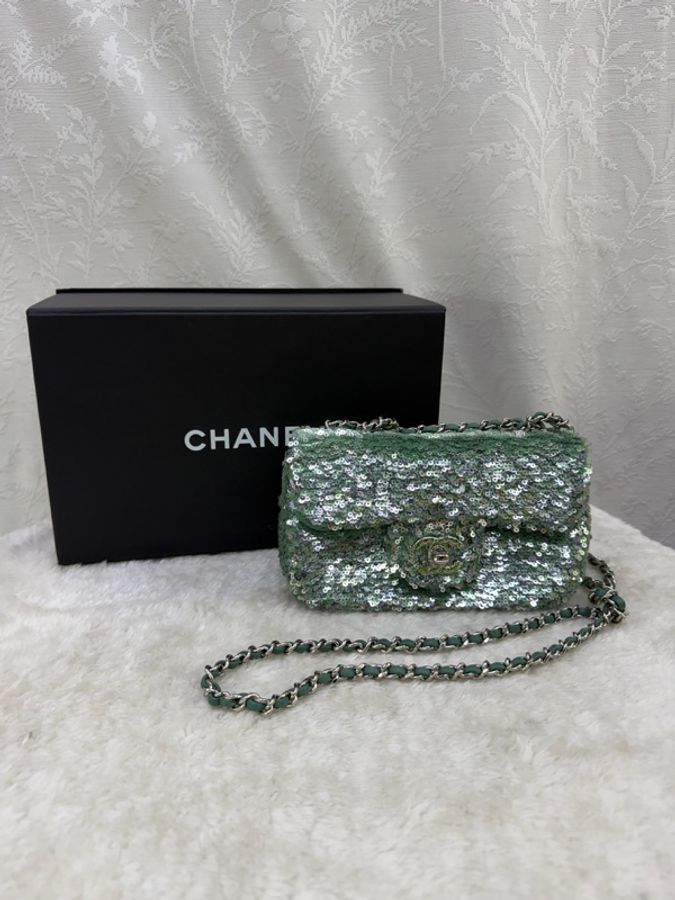 Chanel Green Sequins and Satin Mini Square Classic Flap Bag-14