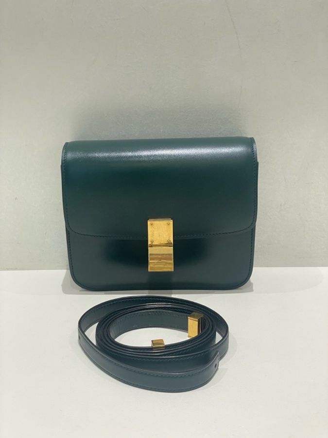 二手98新 Celine賽琳墨綠色小號box豆腐包 配件:肩帶 尺寸:18.5*5-1