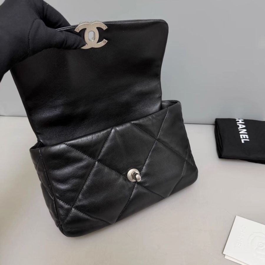 Chanel香奈兒 19bag小號黑銀全皮菱格包 芯片款-8