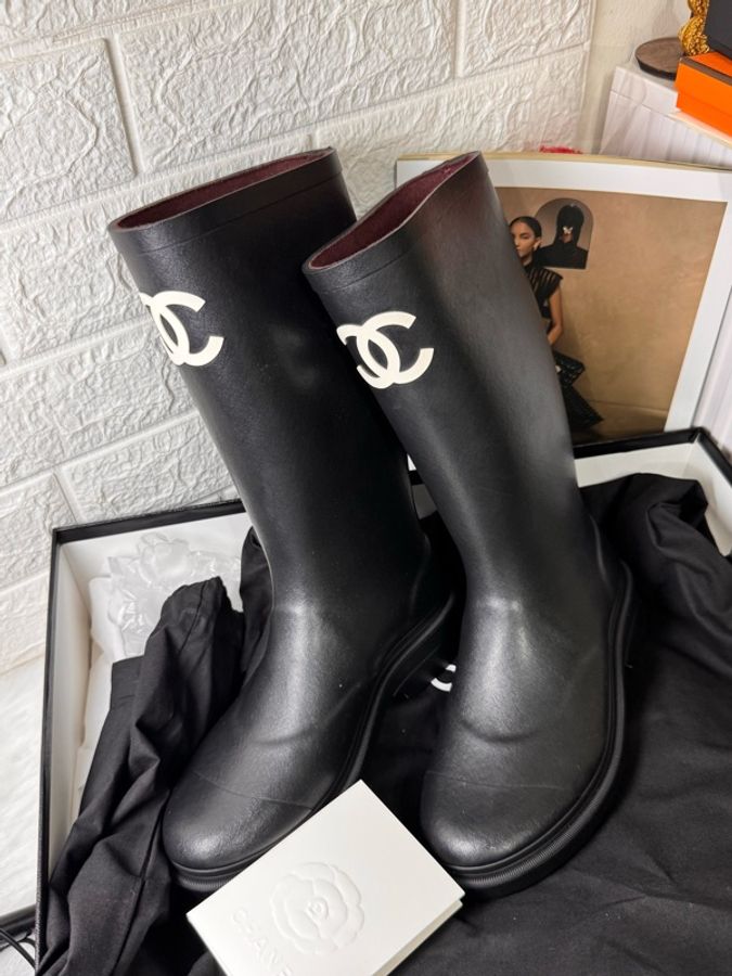 Chanel 香奈兒 黑色橡膠白色雙 C Logo 雨鞋 36-0