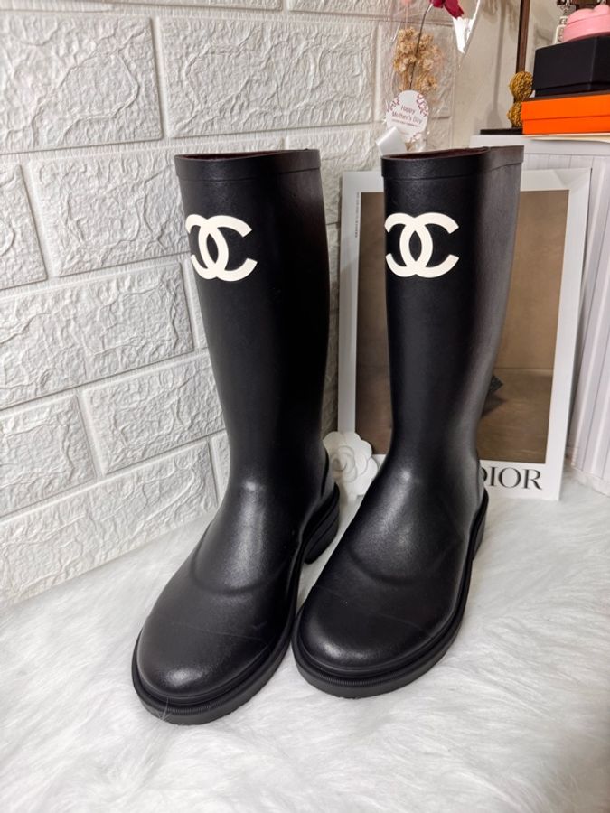 Chanel 香奈兒 黑色橡膠白色雙 C Logo 雨鞋 36-2