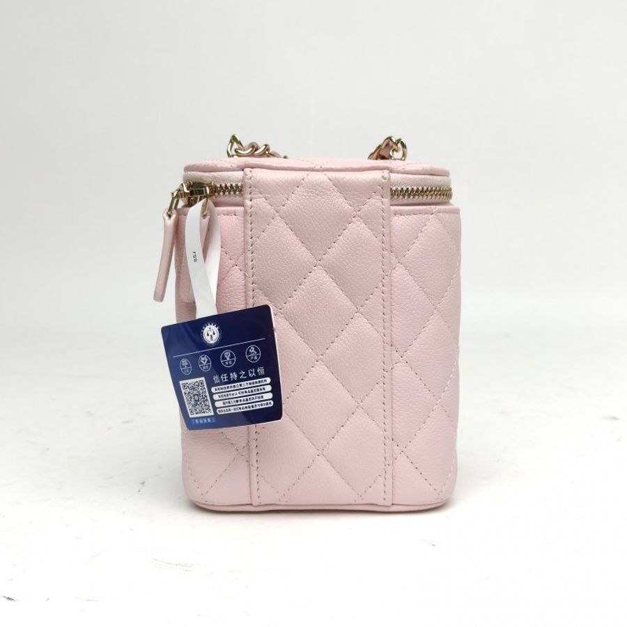 CHANEL 粉色牛皮31開淺金扣櫻花粉化妝盒鏈條雙C肩背包-2