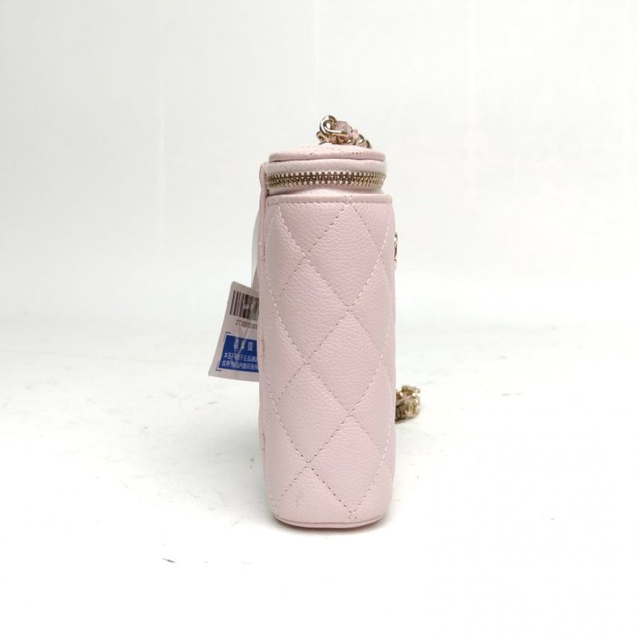 CHANEL 粉色牛皮31開淺金扣櫻花粉化妝盒鏈條雙C肩背包-3