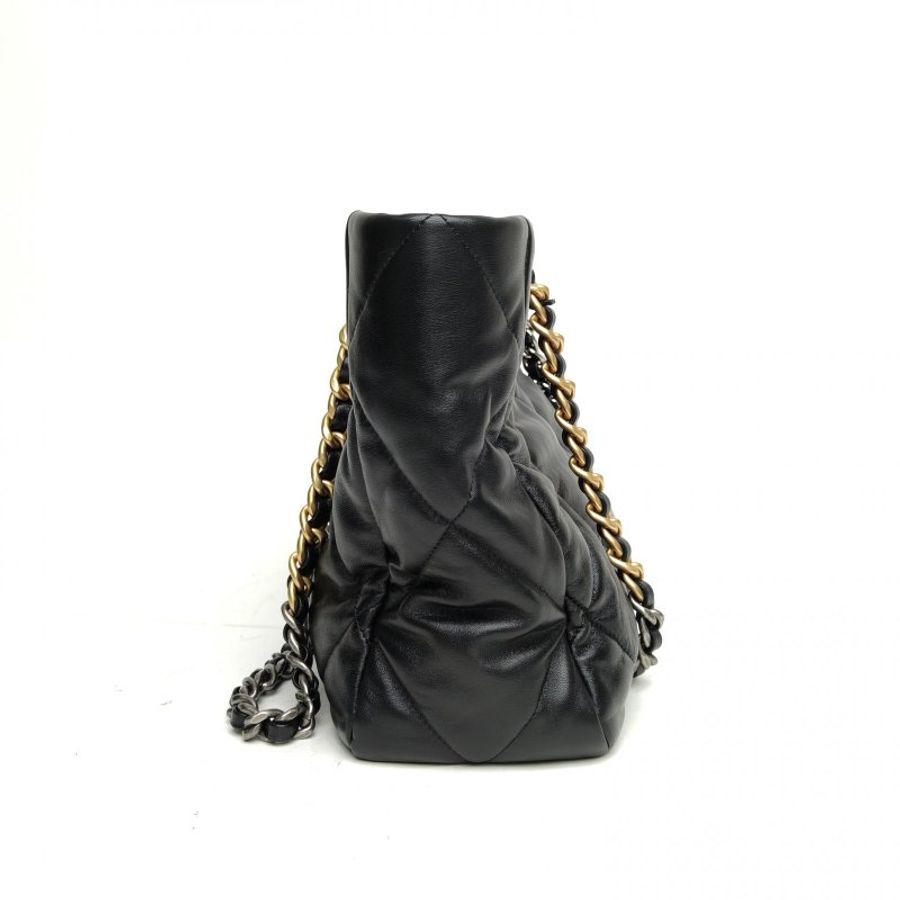 CHANEL 19BAGTote托特包黑色羊皮晶片金銀扣肩背包-3