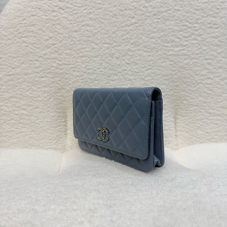 Chanel 灰藍色23k 菱格紋雙C鏈條包-4
