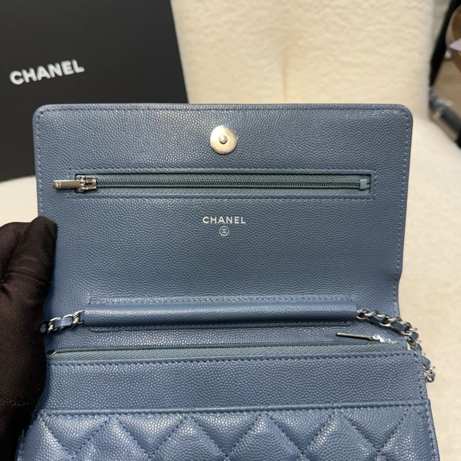 Chanel 灰藍色23k 菱格紋雙C鏈條包-16