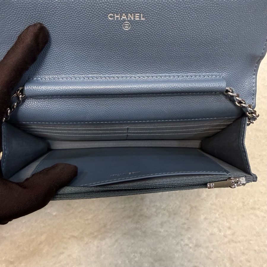 Chanel 灰藍色23k 菱格紋雙C鏈條包-17