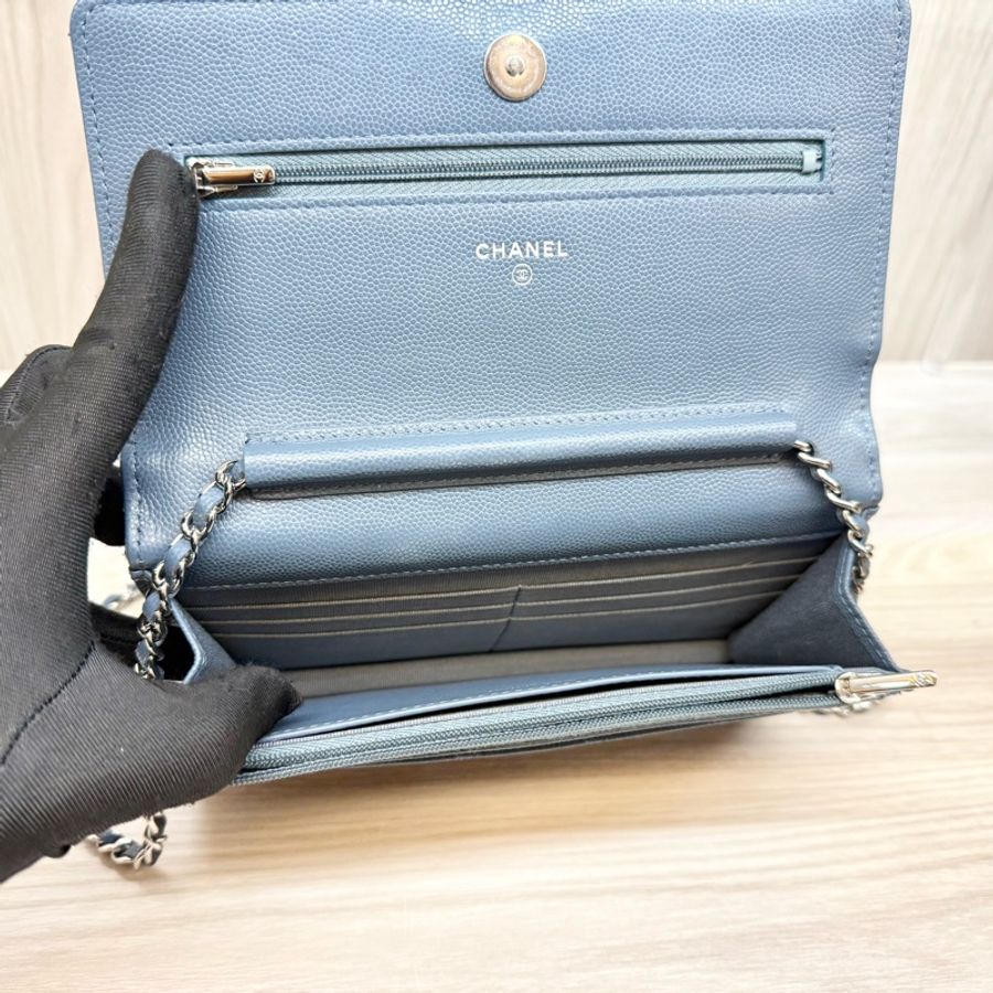 CHANEL🩵灰藍色23K菱格紋季節釦鏈包AP3600-9