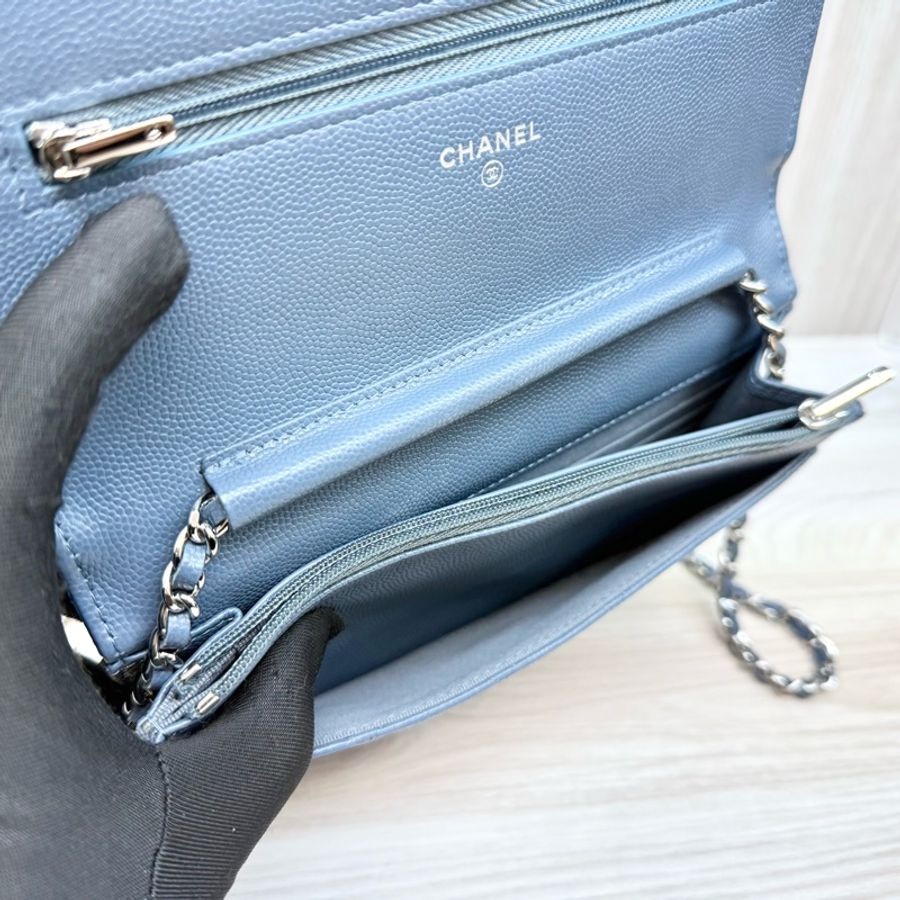 CHANEL🩵灰藍色23K菱格紋季節釦鏈包AP3600-14