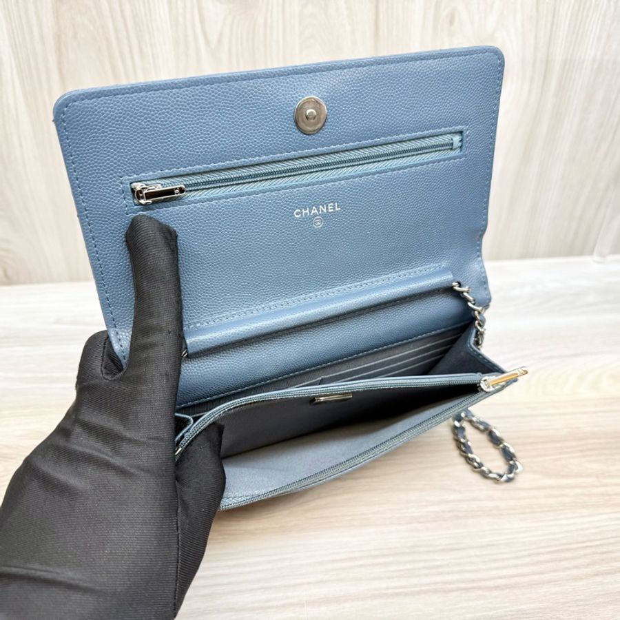 CHANEL🩵灰藍色23K菱格紋季節釦鏈包AP3600-15