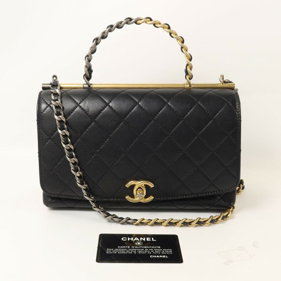 CHANEL 羊皮皮革Top Handle Flap鏈帶手挽肩背兩用袋-9