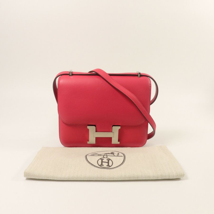 HERMES Swift皮革Constance Mini肩背袋Rose Extremt-9
