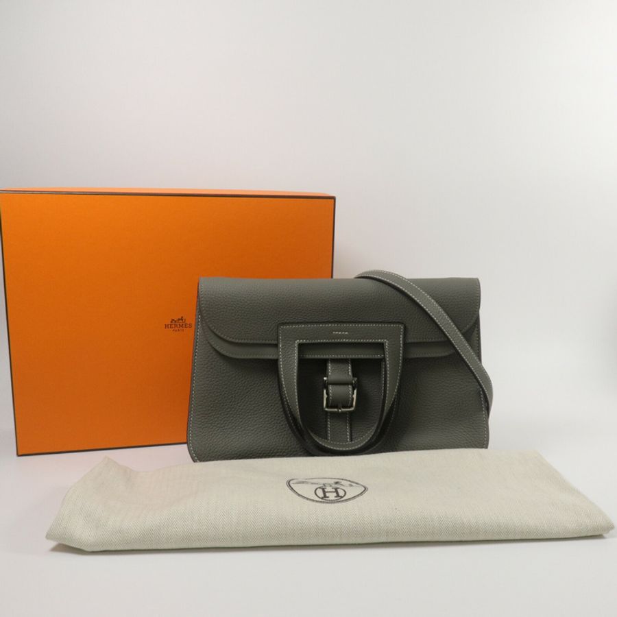HERMES Clemence皮革Halzan 31手挽肩背兩用袋Gris Mouette-10