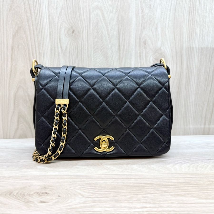 CHANEL黑金釦牛皮雙鏈條側背包AS4340-1