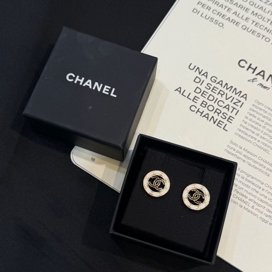 CHANEL白色金LOGO圓圈黑金琺瑯雙C耳環-0