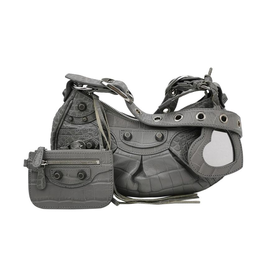 Balenciaga Le Cagole加小號油蠟皮鰐魚紋鉚釘拉鍊斜挎包子母包單肩包。-2