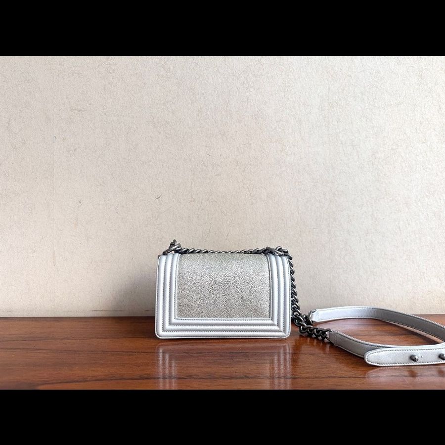 Chanel 銀色珍珠魚皮 leboy小號 20cm-2