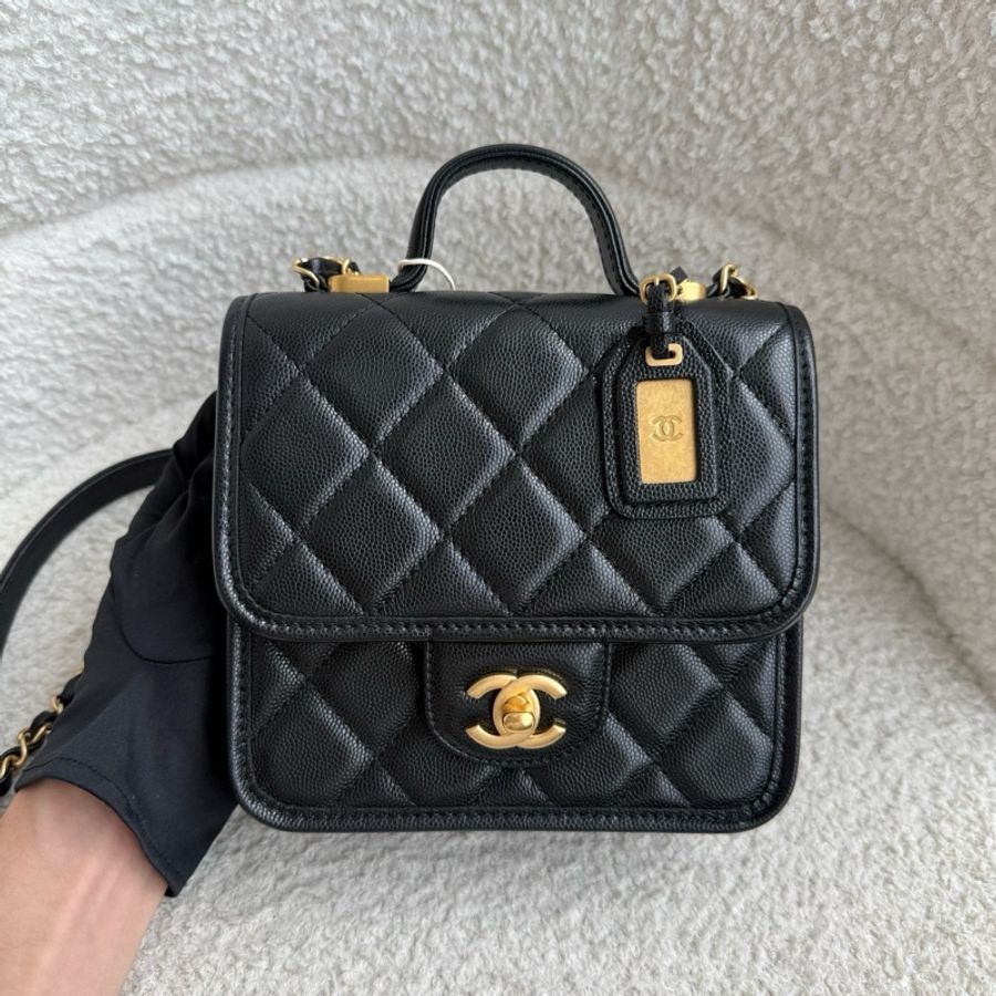 Chanel 香奈兒 黑金荔枝紋竪版名牌郵差包手提包斜挎包 芯片款-0