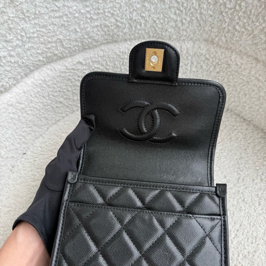 Chanel 香奈兒 黑金荔枝紋竪版名牌郵差包手提包斜挎包 芯片款-7