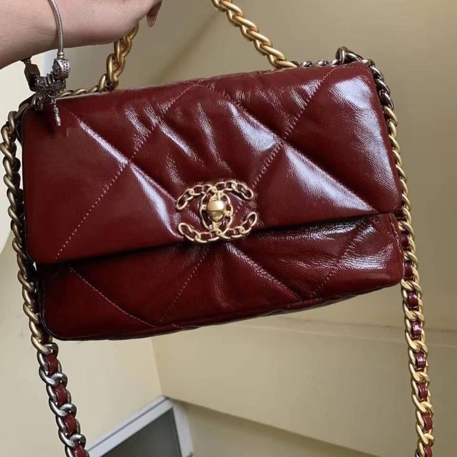 Chanel 香奈兒 19Bag 小號✨勃艮第酒紅 亮面皺紋牛皮✨經典菱格紋口蓋包翻蓋包-2