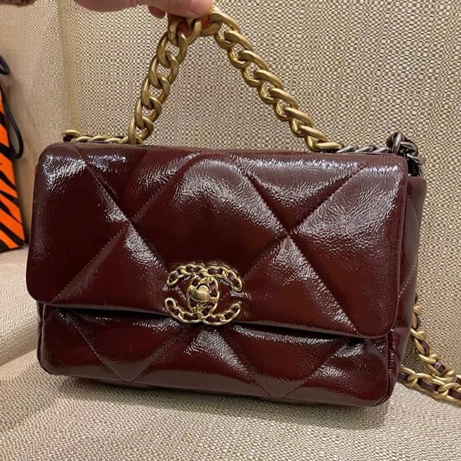 Chanel 香奈兒 19Bag 小號✨勃艮第酒紅 亮面皺紋牛皮✨經典菱格紋口蓋包翻蓋包-3