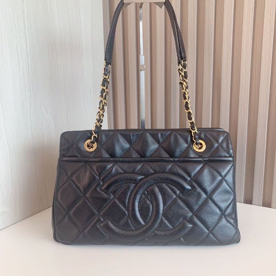 香奈兒/Chanel 黑金荔枝牛皮 雙鏈條tote包-6