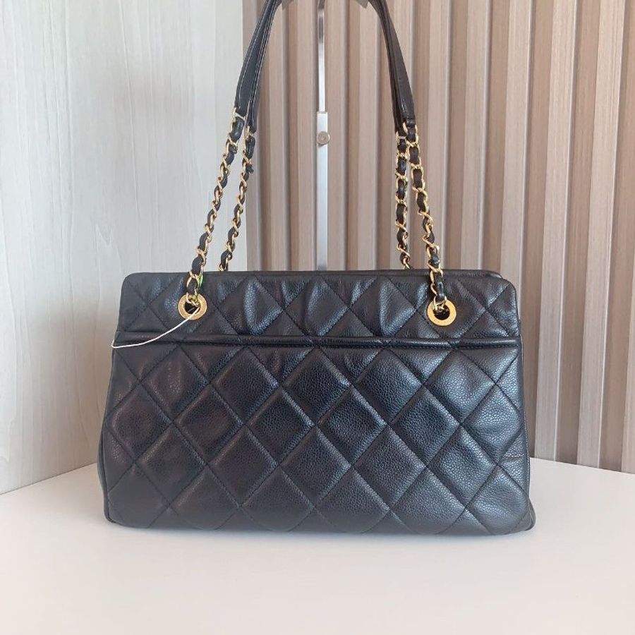 香奈兒/Chanel 黑金荔枝牛皮 雙鏈條tote包-7